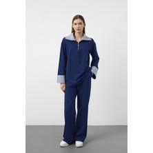 Basic Park Lacivert Kontrast Dokuma Yaka Pamuklu Oversize Relax Takım