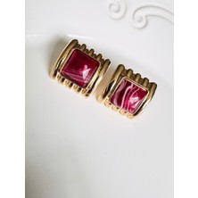 Devi Fashion Bordo Kare Vintage Çizgili Küpe 3 cm