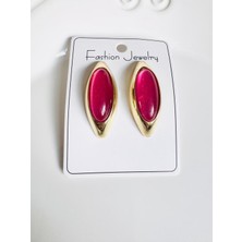 Devi Fashion Pembe Taşlı Oval Küpe