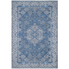 Pera Halı Lacivert Gri Çiçekli Vintage Madalyonlu Geometrik Halı - 1786OU