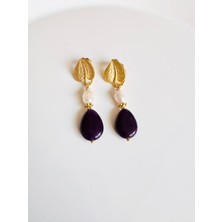 Devi Fashion Gerçek Inci ve Mor Doğal Taş Damla Küpe 6 cm