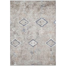 Pera Halı Vizon Kahve Bohem Desenli Indigo Mavi Detaylı Eskitme Halı - 1672OU