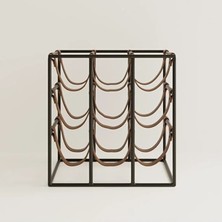 Rack And Cork - Modern Metal 9 Şişelik Raf, Doğal Deri Tutuculu Tezgah Üstü Bağımsız Şişelik