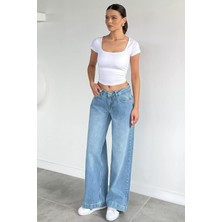 Gülseli Kadın Yıkamalı Yüksek Bel Modern Stil Palazzo Jean Kot Pantolon P-00021647