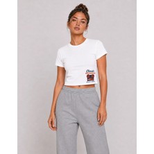 Organickid Basic Kadın Crop Baskılı Beyaz T-Shirt