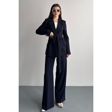 Moda Armanc Kadın Ikili Takım Blazer Ceket Pantolon Bordo - Kuşaklı Kruvaze Yaka Şık Takım