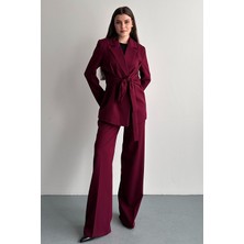 Moda Armanc Kadın Ikili Takım Blazer Ceket Pantolon Bordo - Kuşaklı Kruvaze Yaka Şık Takım