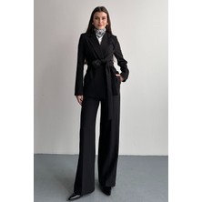 Moda Armanc Kadın Ikili Takım Blazer Ceket Pantolon Bordo - Kuşaklı Kruvaze Yaka Şık Takım
