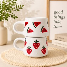 BB Design El Yapımı 2'li Kiraz ve Karpuz Desenli Seramik Kupa Bardak 200ML