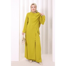 Bym Fashion Tek Omuz Gold Toka Detaylı Tunik Pantolon Takım 8698 Yağ Yeşili