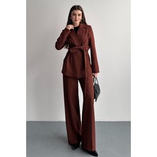 Moda Armanc Kadın Ikili Takım Blazer Ceket Pantolon Bordo - Kuşaklı Kruvaze Yaka Şık Takım