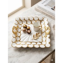sembol  Lüks Beyaz Gold Detaylı Kare Sunum Tepsisi - 30 cm