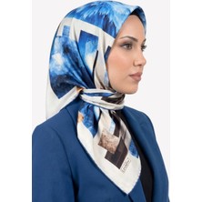 Hadiora Kadın Ekru Mavi Kahve Soyut Desenli Kristal Eşarp