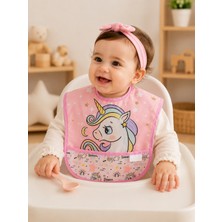 Gökçe Baby Unicorn Desenli Su Geçirmez Cepli Bebek Mama Önlüğü – Pembe