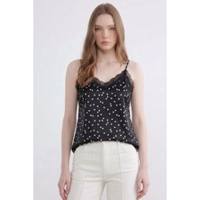 Shopping Shop Puantiye Desenli Askılı Saten Bluz Sıyah