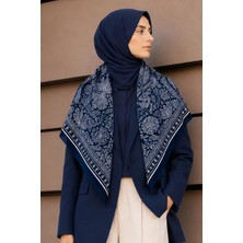 Afvente Şal Desen Lacivert-Krem Soft Fular Eşarp 90X90 cm