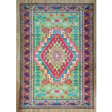 Pera Halı Canlı Yeşil ve Kırmızı Etnik Kilim Desenli Bohem Halı - 11449OU