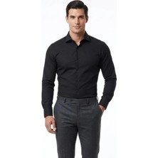 Uki Siyah Saten Slim Fit Klasik Gömlek
