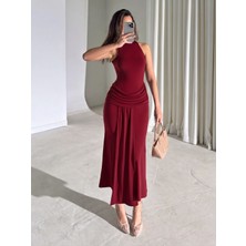 Trendparis Belden Büzgülü Yırtmaçlı Sandy Davet Elbisesi Kırmızı