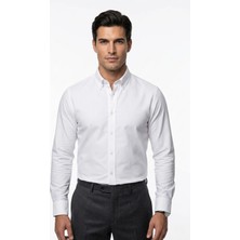 Uki Beyaz Düğmeli Yaka Comfort Fit Şamre Gömlek