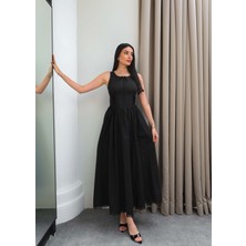 Esra Helvacı Kalın Askılı Bel Bağcıklı Midi Elbise