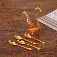 Elifeshop Lüks Iskandinav Kuğu Tutuculu 6’lı Tatlı Kahve Çay Kaşığı Seti Nakış Işleme Detaylı Gold Set