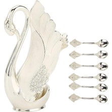 Elifeshop Lüks Iskandinav Kuğu Tutuculu 6’lı Tatlı Kahve Çay Kaşığı Seti Kristal Taş Detaylı Gümüş Set