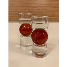 Plus Home Mumluk 2'li Şamdan Kristal Renk Şeffaf Oranje Yükseklik 16 ve 14 cm Çap 6 cm