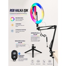 CAILON 10 Inç Rgb Halka Işık Akrobatik Kollu Masaüstü Ring Light Seti + Bluetooth Kumanda