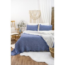 HB&Victory %100 Pamuk 4 Katlı Müslin Yatak Örtüsü Indigo Mavi Renk Tek Kişilik 160X230 Cm. 1 Adet Yastık Kılıfı 50X70 Cm.
