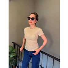 Ali Butik Krem Simli Bisiklet Yaka Tişört