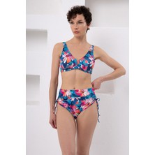 Lapieno Lapıeno Kadın Mavi Çiçek Desenli Çıkarılabilir Kaplı Telli Toparlayıcı Bikini Takımı