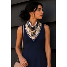 Afvente Binici Desen Lacivert-Krem Soft Bandana Fular 50X50 cm