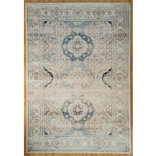 Pera Halı Eskitme Madalyon Desenli Krem ve Mavi Vintage Salon Halısı - 11643OU