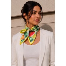 Afvente Tropikal Meyve Desen Sarı-Yeşil Soft Bandana Fular 50X50 cm