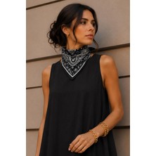 Afvente Paisley Desen Siyah-Gümüş Soft Bandana Fular 50X50 cm