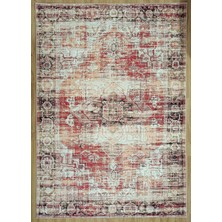 Pera Halı Eskitme Madalyon Desenli Kırmızı ve Krem Vintage Salon Halısı - 11669OU