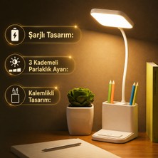 CoverZone Şarjlı Kalemlikli Masa Lambası, Telefon Stant Özellikli, LED Işıklı, 3 Kademeli Ayarlanabilir Parlaklık, Type-C Şarj, Ofis Çalışmaları Için Uygun, Okuma ve Gece Kullanımı Için Ideal | 2209-B