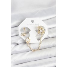 Asnazz Pirinç Gold Renk Yıldız Model Zincir Bağlantılı Ear Cuff Küpe Seti