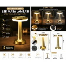 Newstore Home Dokunmatik Şarjlı LED Masa Lambası Gold – 3 Renk Modlu Kablosuz Dekoratif Gece Lambası
