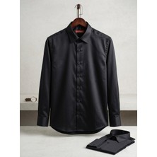Secret Touch Erkek Slim Fit Dar Kesim Pamuk Saten Gömlek - Siyah / Lacivert