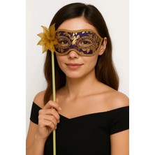 Durukar® Lüks Taşlı Saplı Maskeli Balo Maskesi Mor Renk 35 cm