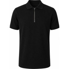 Trender Likralı Petek Yakalı Yarım Fermuarlı Siyah Erkek Polo Yaka T-Shirt 2938