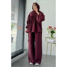 Miraydin Butik Kadın Büzgü Detaylı Pantolon Takım M61879 - Mürdüm