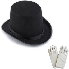 Durukar® Siyah Sihirbaz Fötr Şapka 15 cm - 1 Çift Beyaz Sihirbaz Eldiveni - Yetişkin Boy