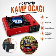Badem10 Taşınabilir Portatif Kamp Ocağı Tek Gözlü Kırmızı Renk Kartuş Uyumlu Gezi Piknik Yemek Pişirme Ocağı