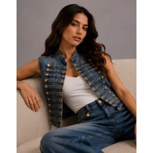Qimya Butik Nox Kadın Agraf Kapamalı Süvari Model Çift Sıra Sarı Düğmeli Premium Kot Yelek