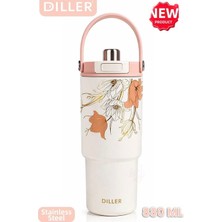 Vagonlife  Dıller Tumbler 880 ml Tek Kapak Çift Kullanım Pipetli/pipetsiz Taşıma Kulplu Çelik Termos 880ML