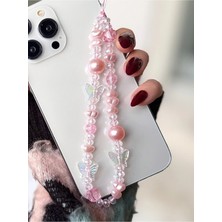 Miraz Tasarım Pembe Inci ve Kristal Taşlı Telefon Charmı Çanta Charmı için Uyumlu Telefon İpi