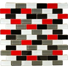 MozaiKristaL Mutfak Tezgah Arası ve Tüm Yüzeyler Için 23X48X4MM. Beyaz-Siyah-Gri-Krımızı Mix. 30X30CM. Fileli Kristal Mozaik